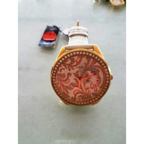 Orologio donna GUESS cinturino in pelle beige cassa dorata fondo madreperla con ricami mod.W95106L1